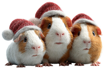 Three Cute Festive Guinea Pig Characters Wearing Santa Hats, Transparent Background