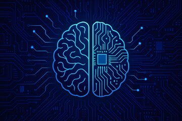 Striking dual-hemisphere brain visualization, blending human intelligence and artificial intelligence in luminous blue tones, showcasing neural and circuit designs