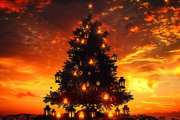 christmas tree in the sunset