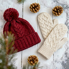 Warm winter accessories featuring a red knitted hat and white mittens with pine cones and snow decor