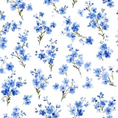 Seamless floral pattern featuring delicate blue wildflowers with green stems on a white background in a watercolor style.