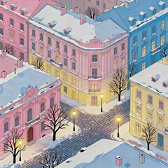 Snow-covered winter scene in a colorful European neighborhood with trees and street lamps during twilight