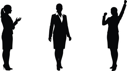 Businesswoman silhouette vector set showing clapping, neutral, and victory poses in corporate attire, professional female character illustration design