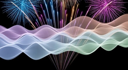Explosions of light and color dance across the night sky above shimmering ethereal waves creating a vibrant celebration backdrop