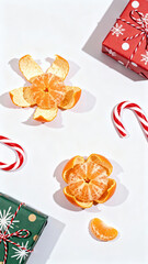 Colorful tangerines and festive gifts create a vibrant holiday display on a bright surface