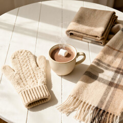 Warm winter scene with hot chocolate, cozy blanket, and mittens on a white table