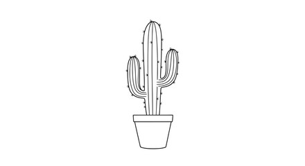 Simple Line Drawing of a Potted Cactus Plant Isolated on a White Background Creates a Minimalist