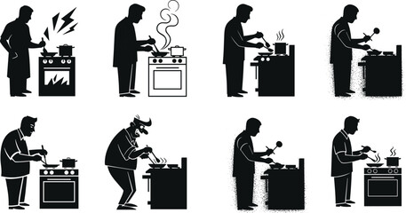 Silhouette chef cooking at stove with pan, kitchen utensils, food preparation, restaurant concept, culinary artwork, modern vector illustration