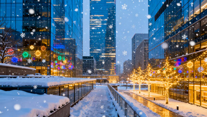 Winter evening in a cityscape with holiday lights and falling snow