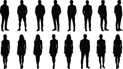 Silhouette collection of men and women standing in various casual and formal poses representing lifestyle, fashion, society, diversity, and identity illustration
