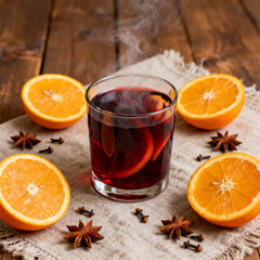 Warm spiced drink with orange slices on a wooden table during winter evening