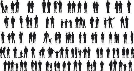 Human silhouettes vector illustration showing diverse people standing, talking, interacting, and gesturing in groups, pairs, and individuals for design.