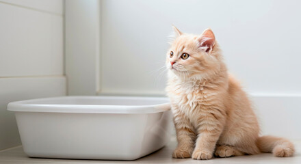 Kitten sitting next to a clean white litter box, ready for litter training.