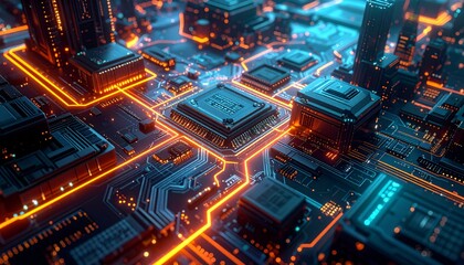 Fototapeta premium Futuristic circuit board, viewed from a high angle