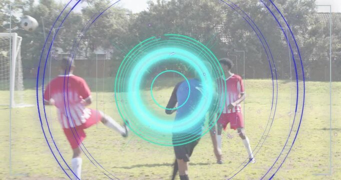 After receiving pass striped striker dribbling into box scoring goal shot with technology overlay - Powered by Adobe