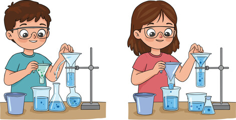PrintHappy children doing chemistry experiments in school laboratory, boy and girl using funnels, pouring liquids into beakers, science education, STEM learning.