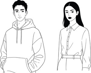  Modern Stylish Young Man and Woman Fashion Illustration, Casual and Elegant Attire, Vector Line Drawing for Fashion, Lifestyle, and Portrait Content