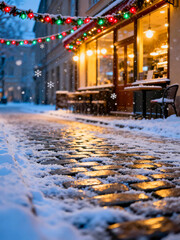 Winter evening with snow-covered street and festive lights near cozy cafe