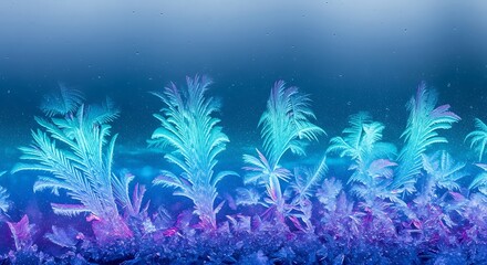Frozen Ice Crystals Delicate Winter Nature Art in Blue and Purple Hues with Falling Snowflakes