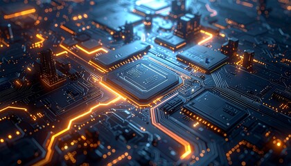 Futuristic circuit board, viewed from a high angle