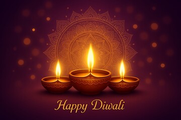 Three glowing diyas placed in front of intricate mandala background beautifully illuminating diwali festival celebration spreading light positivity tradition faith and happiness