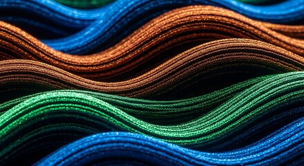 Abstract Textured Woven Material With Flowing Waves Of Blue Bronze Green And Teal Colors