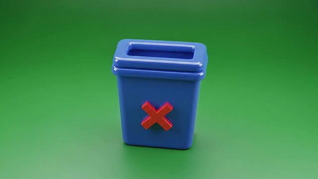 Blue Toy Trash Can with Red X Symbol Rotating on Green Screen.