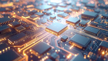 Futuristic circuit board, viewed from a high angle