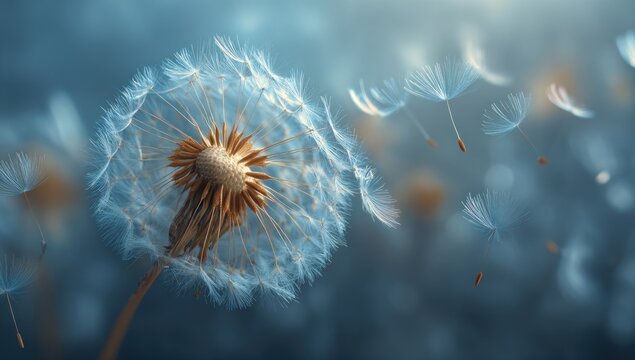 Close-up of a dandelion clock with seeds being carried away by the wind