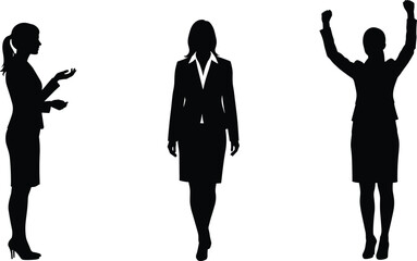 Silhouette of professional businesswomen in formal suits walking, presenting gestures, and celebrating success with raised arms isolated on white background