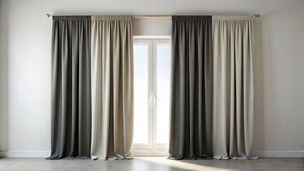 Fototapeta premium Elegant dual tone curtains in dark grey and beige hanging gracefully across a window isolated on transparent background