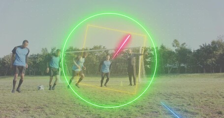 After coach signal soccer team jogging past cones dribbling amid pulsing shapes for sports training - Powered by Adobe