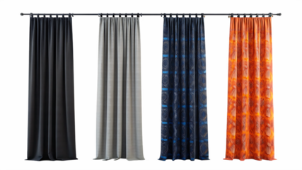 Four different colored and patterned fabric curtains hanging on a rod isolated on transparent background
