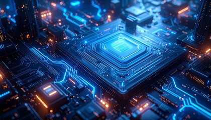 Fototapeta premium Futuristic circuit board, viewed from a high angle