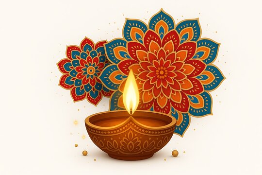 Beautiful decorative clay diya with glowing flame placed against vibrant rangoli mandala ornament background symbolizing artistic diwali festival celebration - Powered by Adobe