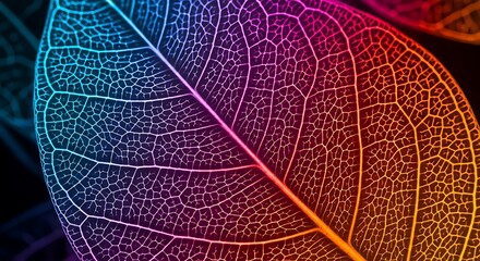 Close Up Macro Shot of a Translucent Skeletonized Leaf with Vibrant Rainbow Veins on a Dark Background