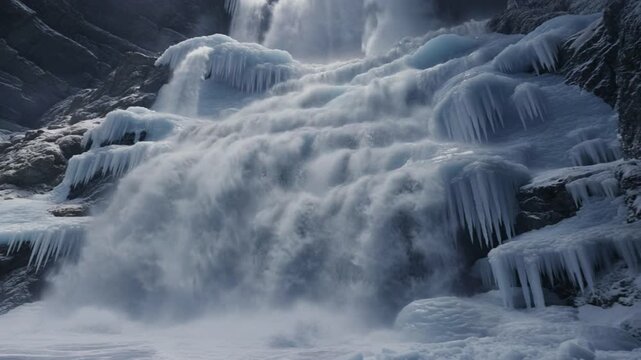 A stunning frozen waterfall displays impressive icicles and thick ice layers. The surrounding landscape features snow-covered rocks and a frozen lake reflecting the icy formations