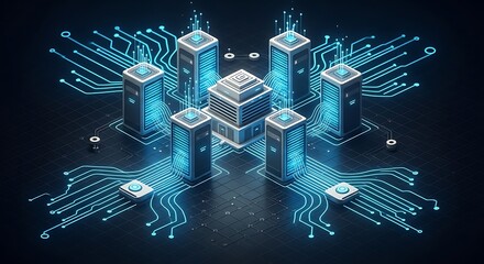 Digital Data Center A futuristic representation of server infrastructure and data processing