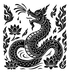 Thai Naga Vector Illustration with Lotus and Flame Motifs – Buddhist Art Design