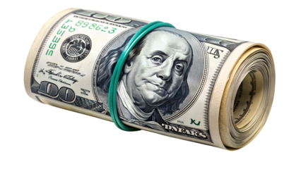Roll of one hundred dollar bills secured with a green rubber band isolated on transparent background, representing wealth, finance, and currency