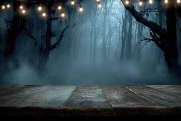 Enchanted Forest Under Glowing String Lights at Night