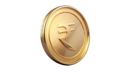 Golden indian rupee coin isolated on transparent background, symbol of india currency, finance concept, investment, wealth and economy, financial success
