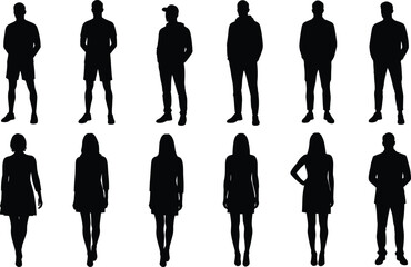 Silhouettes of men and women standing in casual and formal clothing representing lifestyle, diversity, fashion, individuality, society, community, and identity illustration