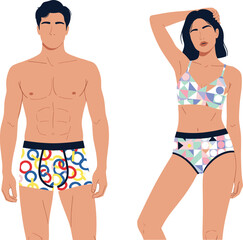 Stylish Male and Female Summer Swimwear with Colorful Geometric Patterns, Trendy Beachwear, Casual Fashion, and Fashionable Bikini and Shorts Illustration