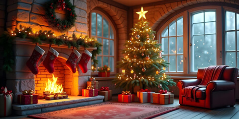 fireplace with christmas decorations