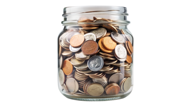 Glass jar filled with coins isolated on transparent background, symbolizing savings, investment, and financial growth for a secure future