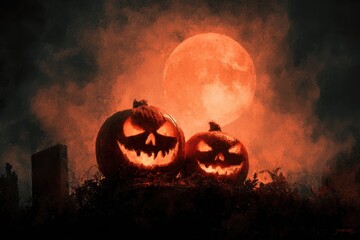 Spooky Pumpkins Glow Under the Full Moon at Halloween Night