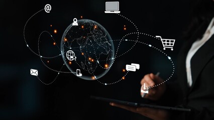 Visualization of global digital communication and online across multiple platforms, including global network, digital network, communication network, and online network. Marrow