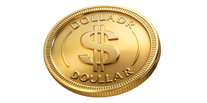 A shiny gold coin with a dollar sign isolated on transparent background, representing wealth, investment, and financial success in business