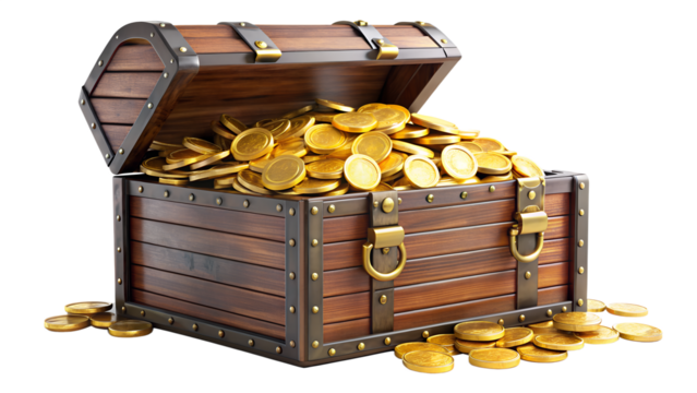 An open treasure chest filled with gold coins isolated on transparent background, symbolizing wealth, fortune, and the allure of hidden riches